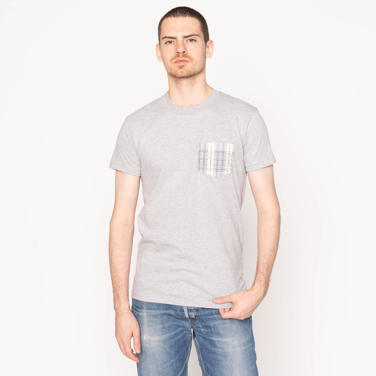 Pocket Tee - Heather Grey - Asagi Sashiko - White by Naked & Famous Denim
