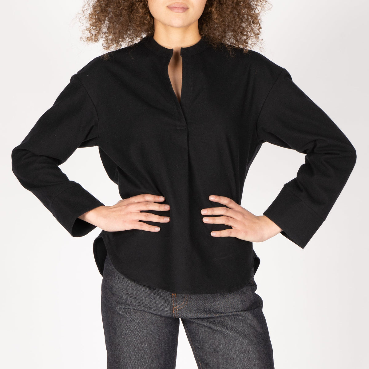 Band Collar Shirt - Cotton Yarn Dyed Flannel - Black by Naked & Famous Denim