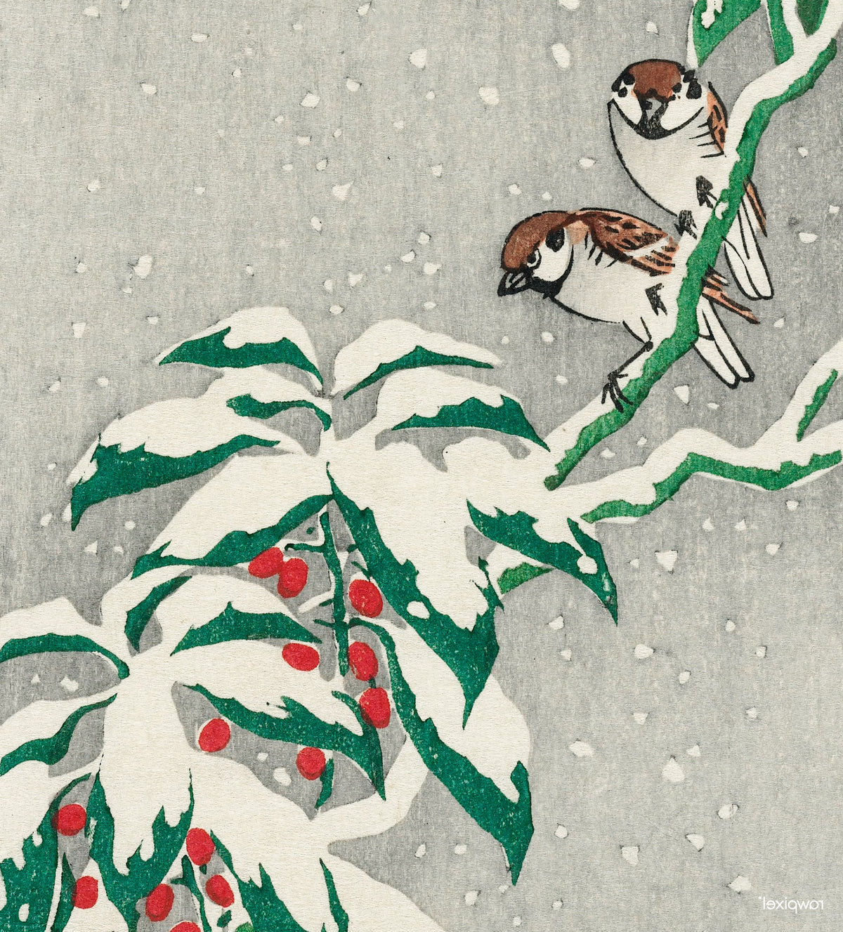 Two birds perched on a snow-covered branch with red berries against a gray background